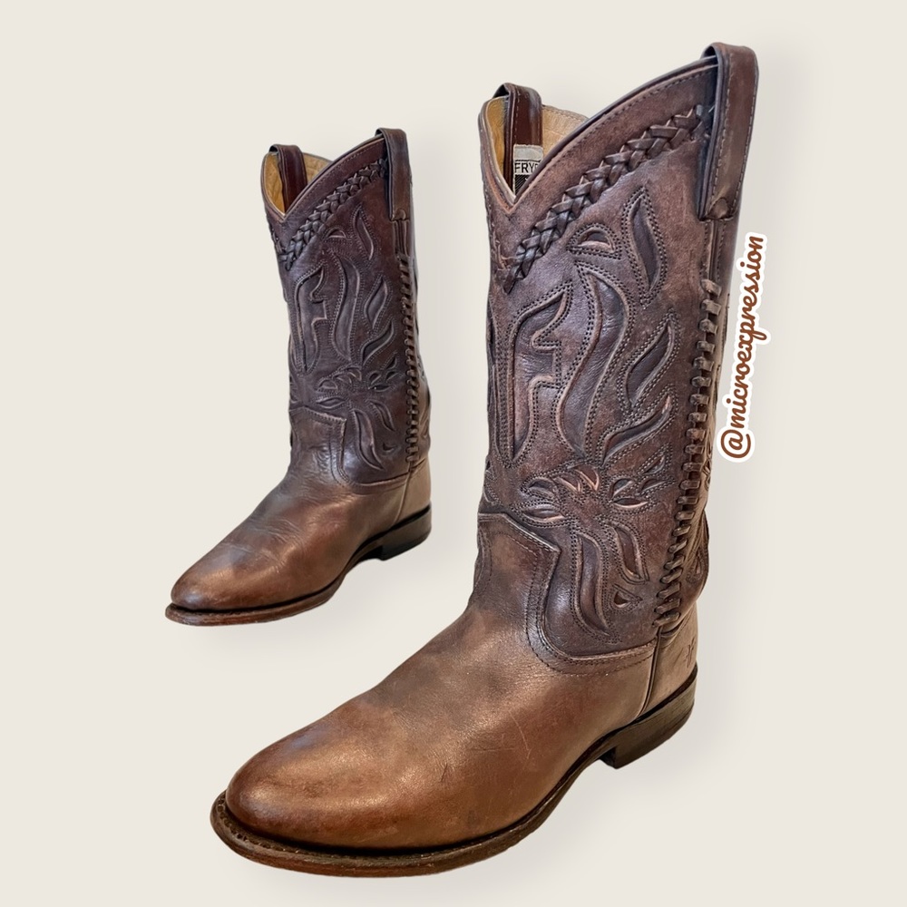 $429 Frye Wyatt Overlay Brown Leather Embroidered Pattern Tall Cute Cowboy Boot - Picture 3 of 12